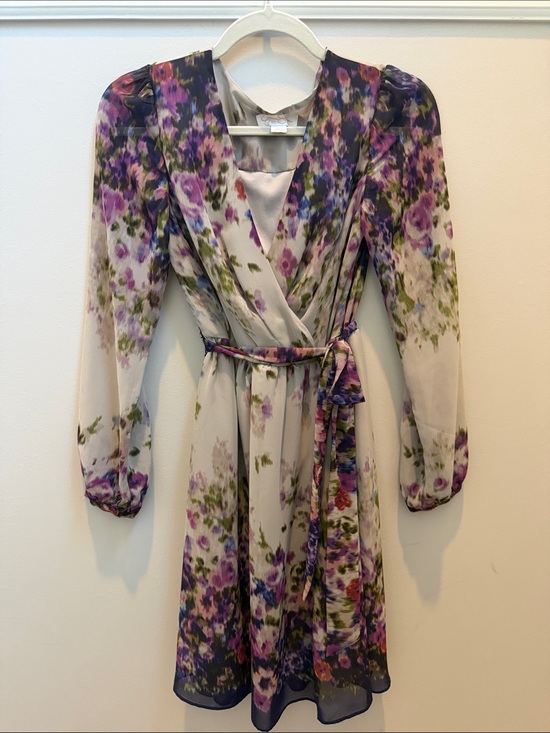 Jessica Simpson Dresses & Skirts - Jessica Simpson Purple, Green & Gray Floral Faux Wrap Dress with Tie Waist Sz 2
